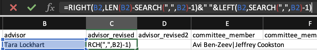 Screenshot of function pasted into the formula bar for cell C2