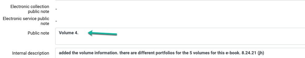 screenshot of volume number in the public note in Alma