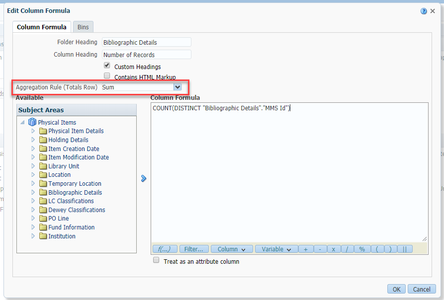 Aggregation Rule with Sum highlighted