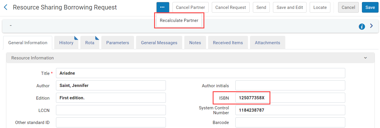 Screenshot reminding staff to delete the ISBN and click Recalculate Partner.