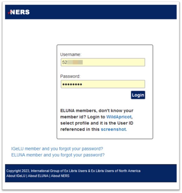 An image of the NERS login screen.